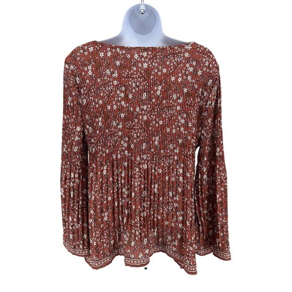 Max Studio Orange Terracotta Crepe Pleated Top Womens Large Long Sleeve Floral - Picture 4 of 7